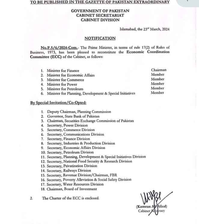 وزیراعظم نے اقتصادی رابطہ کمیٹی دوبارہ تشکیل دیدی، چیئرمین تبدیل